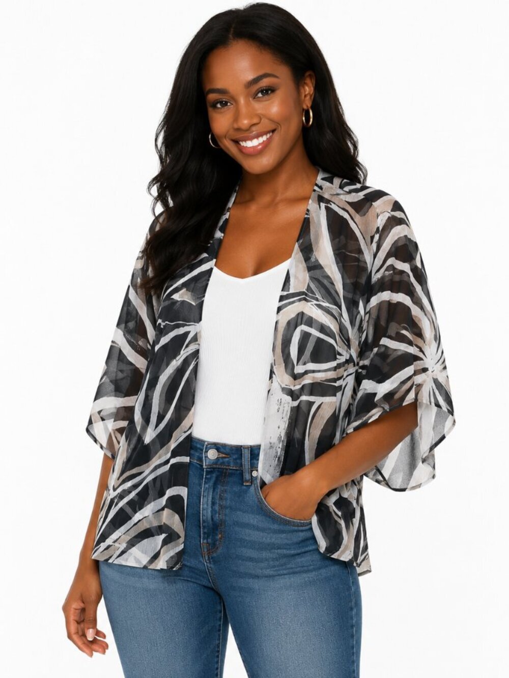 Chico’s Size 2 L Sheer Floral Kimono Cardigan Black Beige Open Front